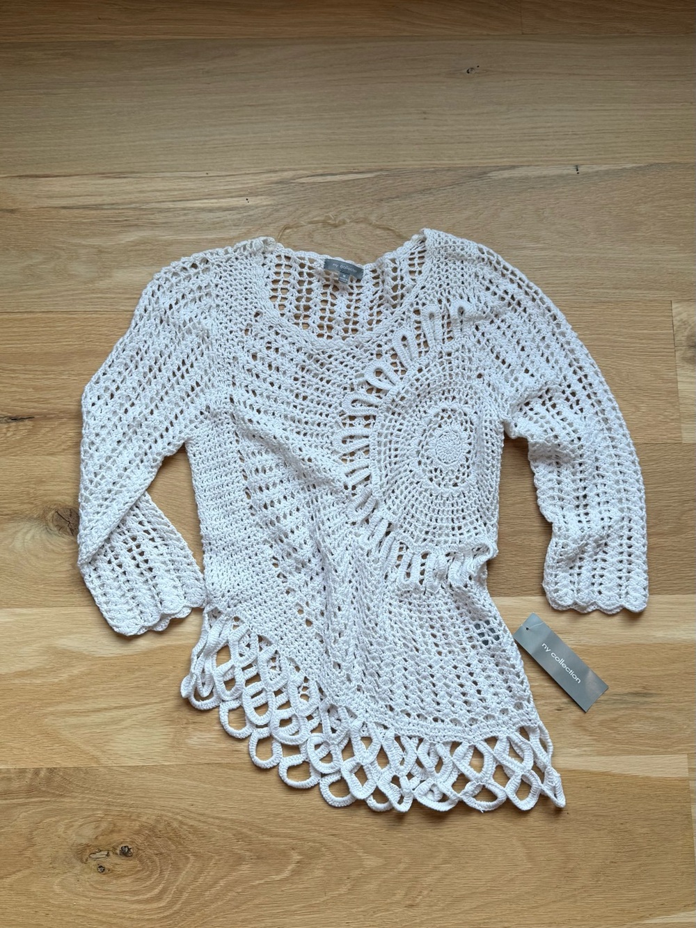 NY Collection White Crochet Asymmetrical Knit Tunic